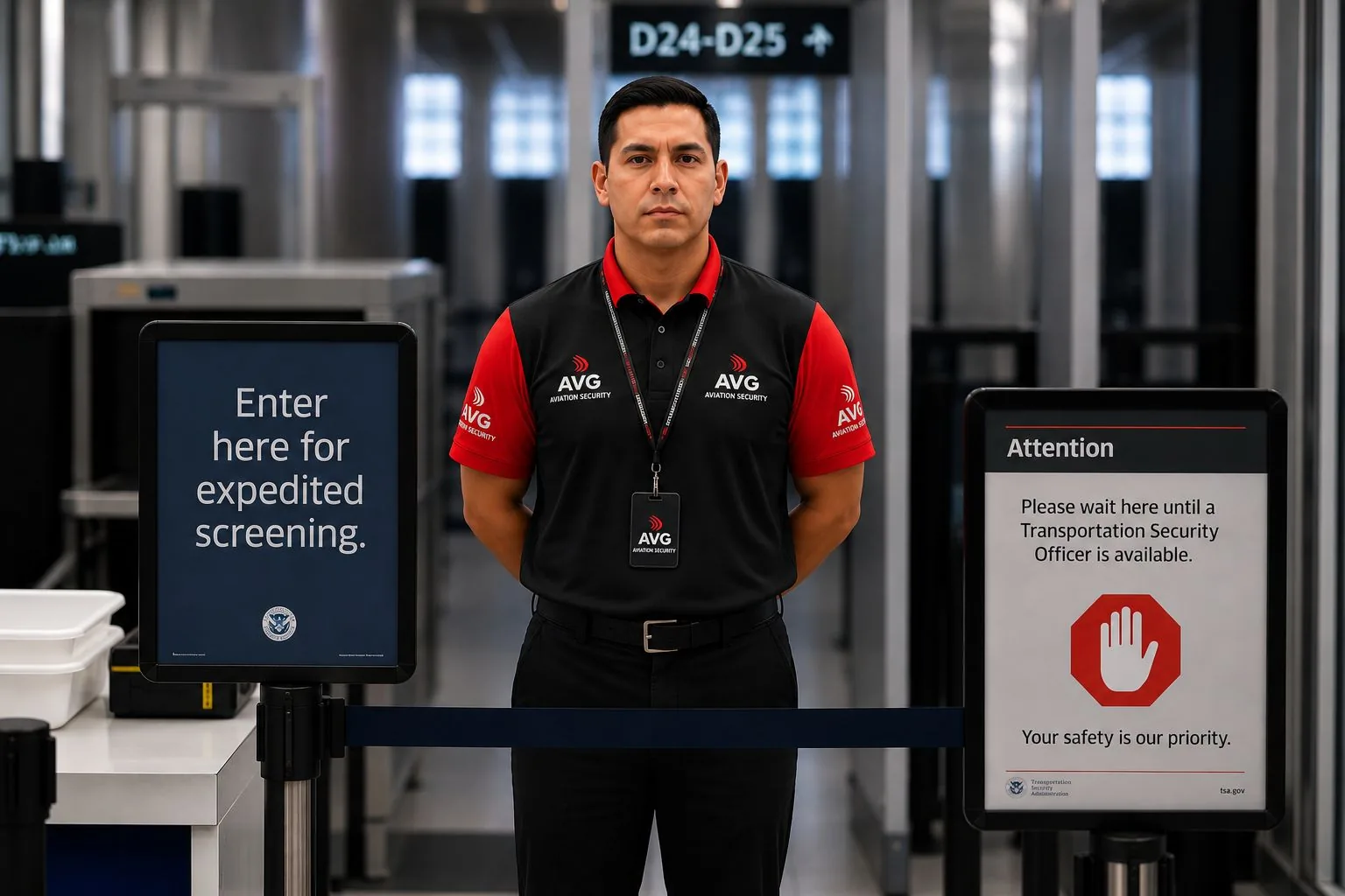 AVG Aviation Security officer at an airport security screening checkpoint