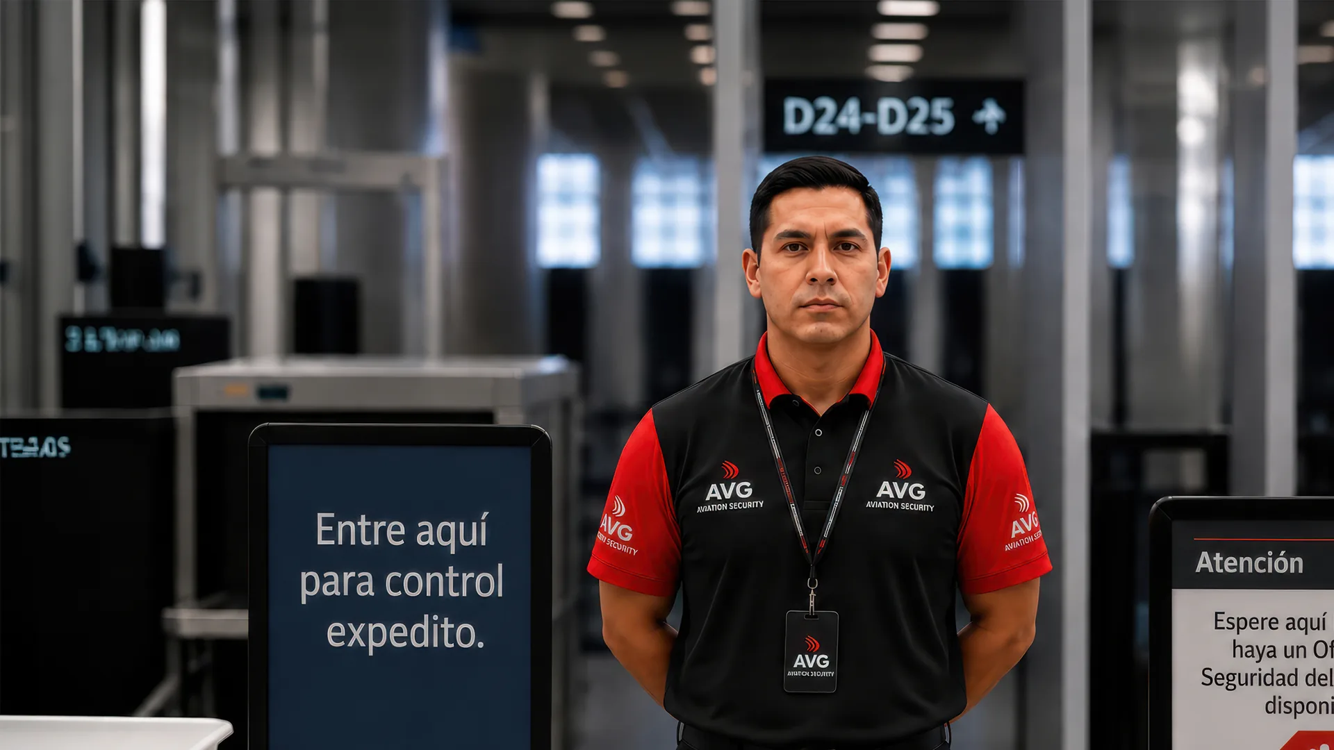 AVG Aviation Security officer at an airport security checkpoint