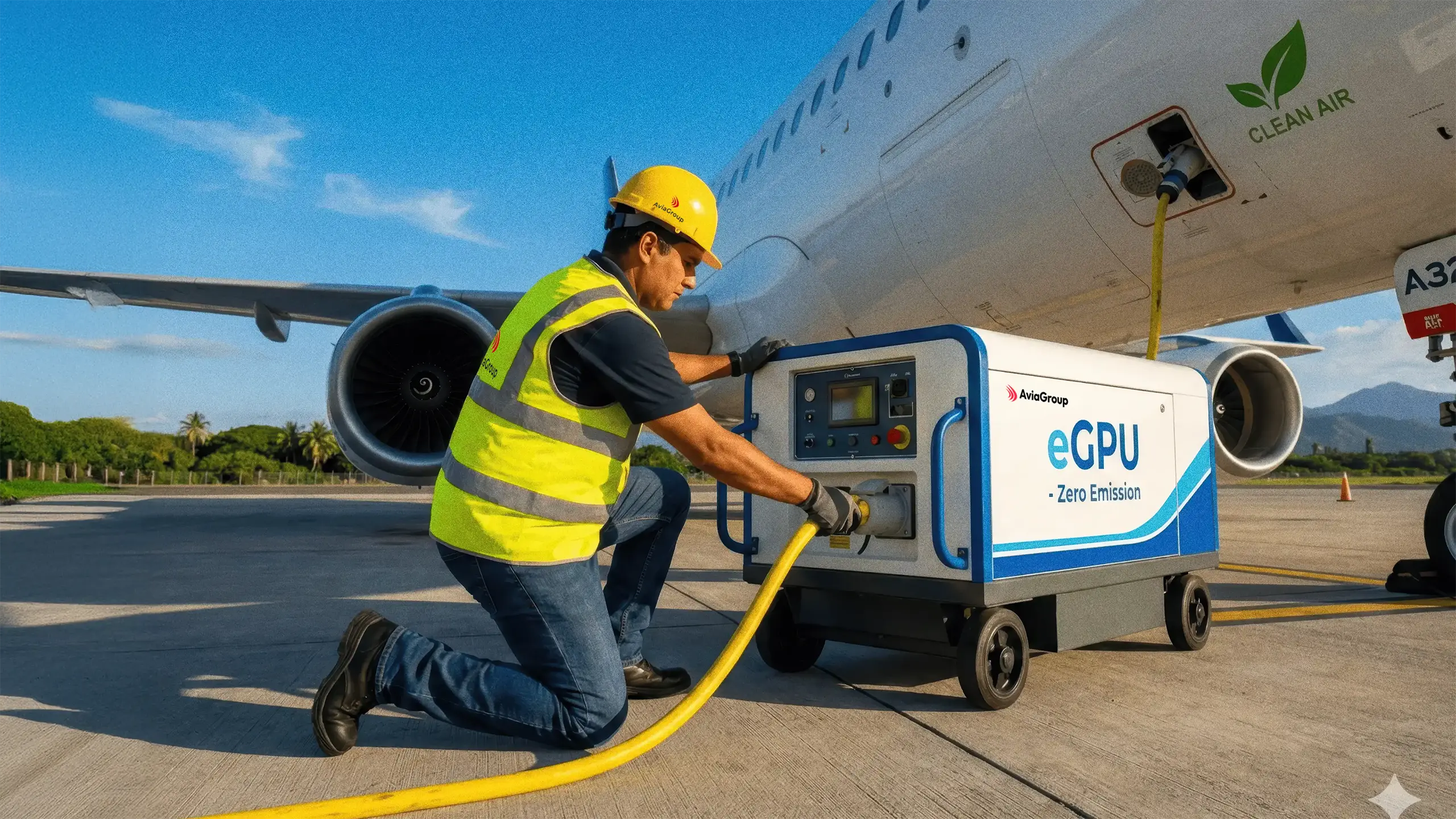 AviaGroup technician connecting eGPU zero emission unit to aircraft