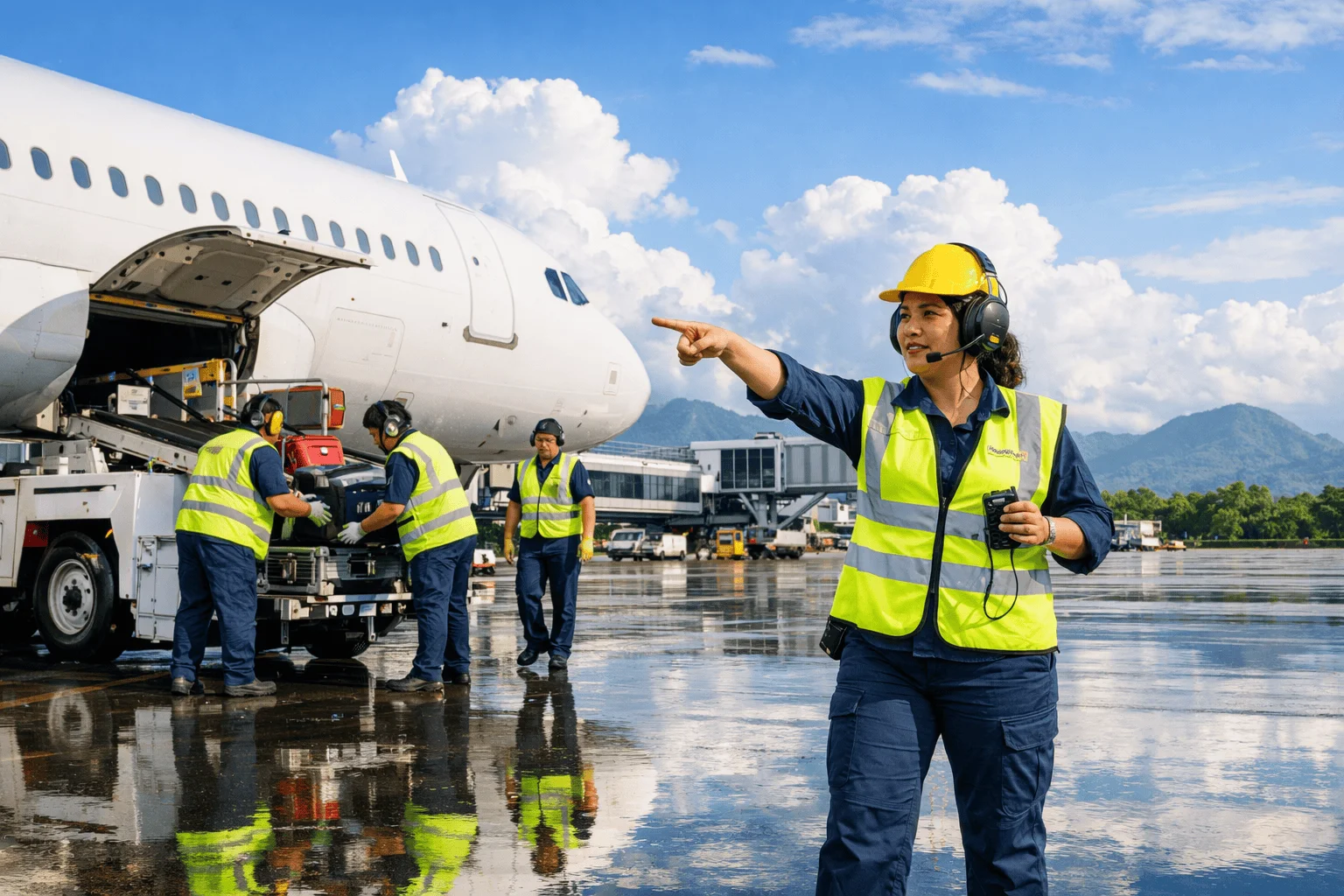 Ramp supervisor directing baggage loading operations on wet apron