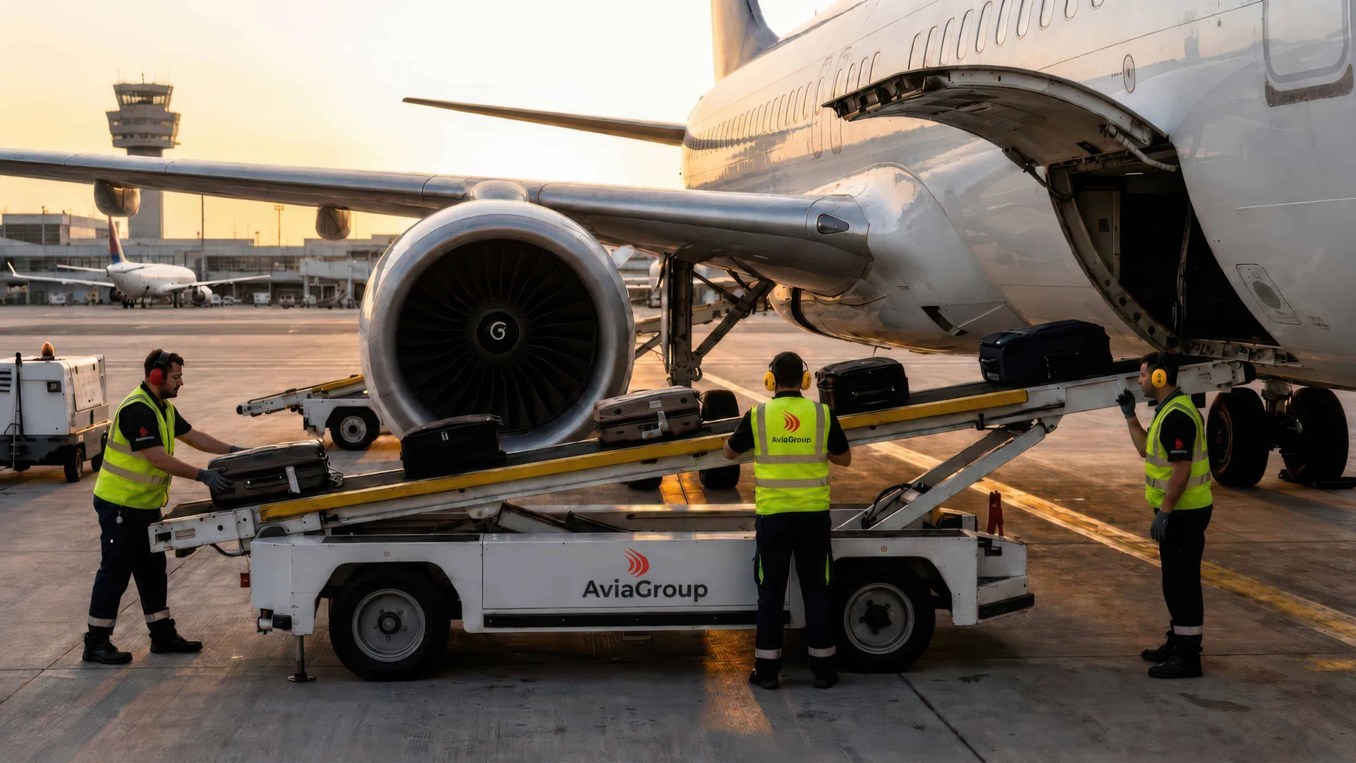 AviaGroup crew loading baggage onto an aircraft via belt loader at sunset