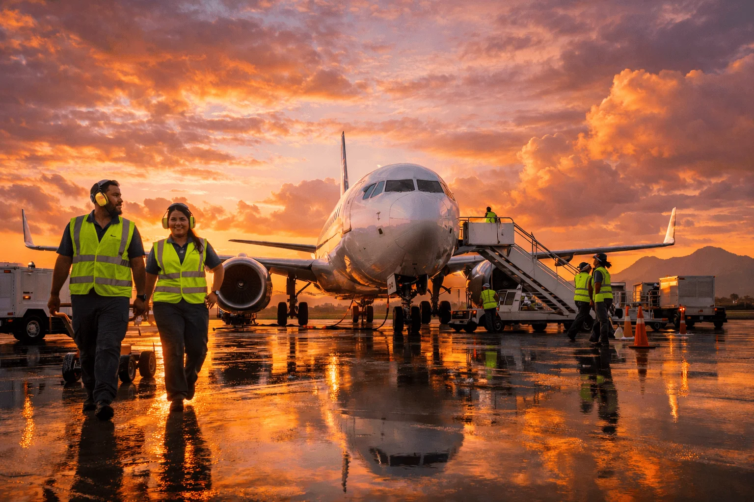 Ground crew walking on wet apron at sunset with aircraft and boarding stairs