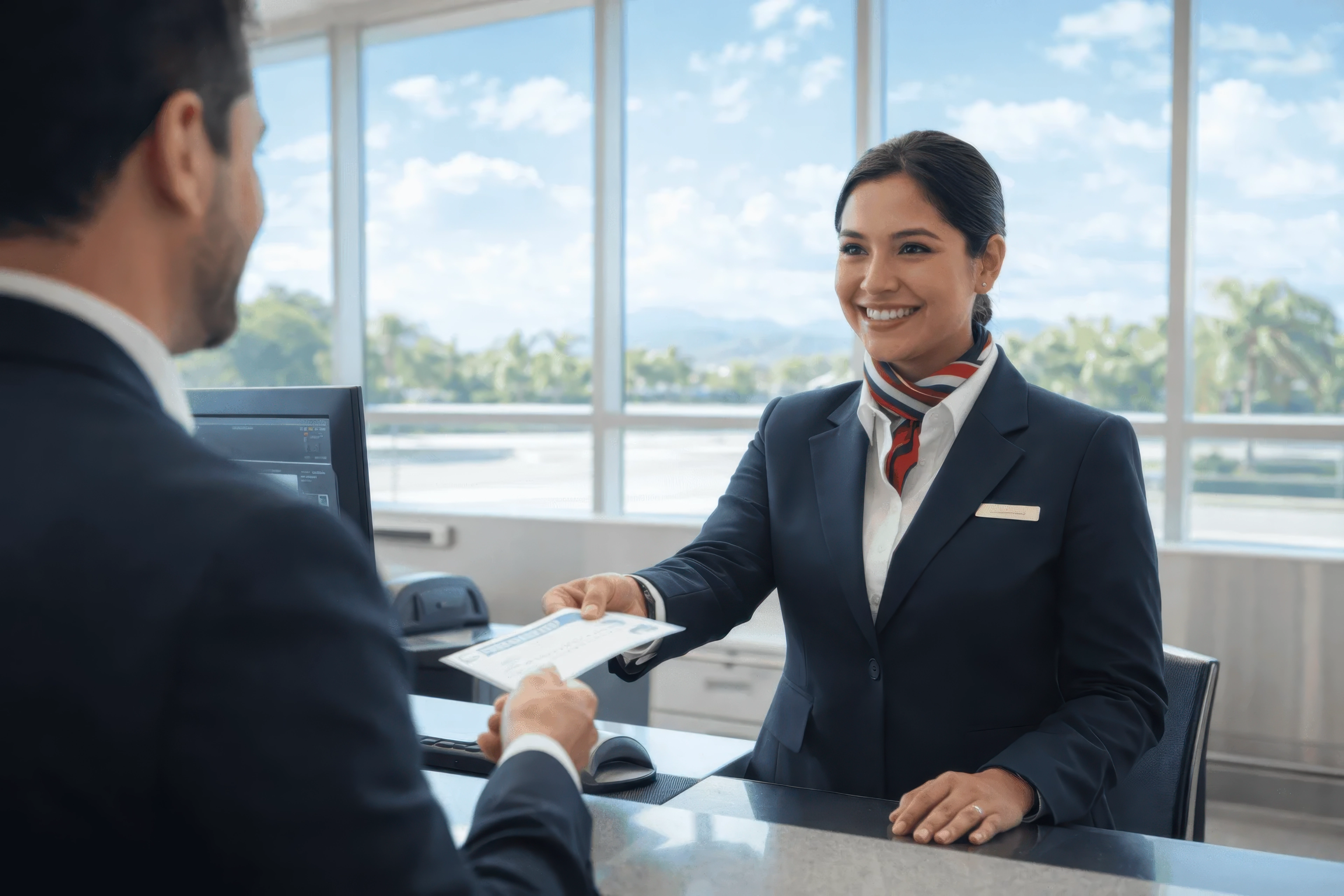 Passenger check-in agent assisting traveler